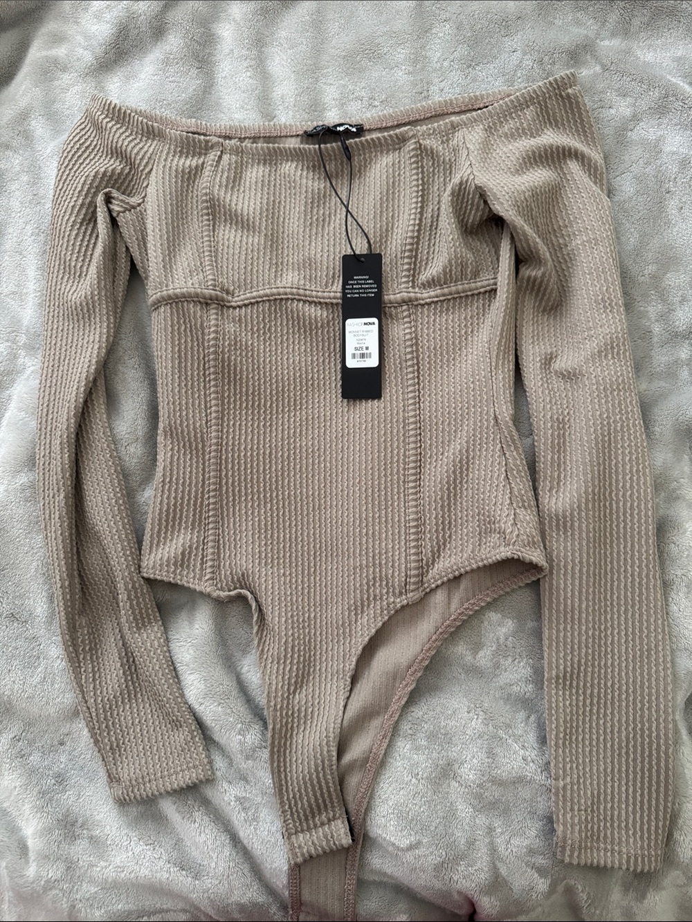 Fashion Nova Taupe Ribbed Off-Shoulder Bodysuit